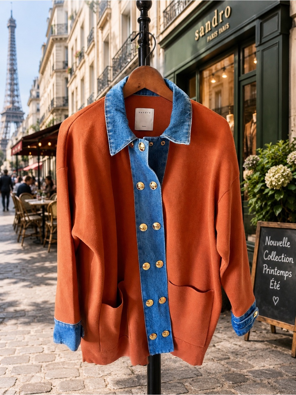 Sandro Paris | Rust Knit Jacket with Denim Trim & Gold Buttons Size L / 2 Paris